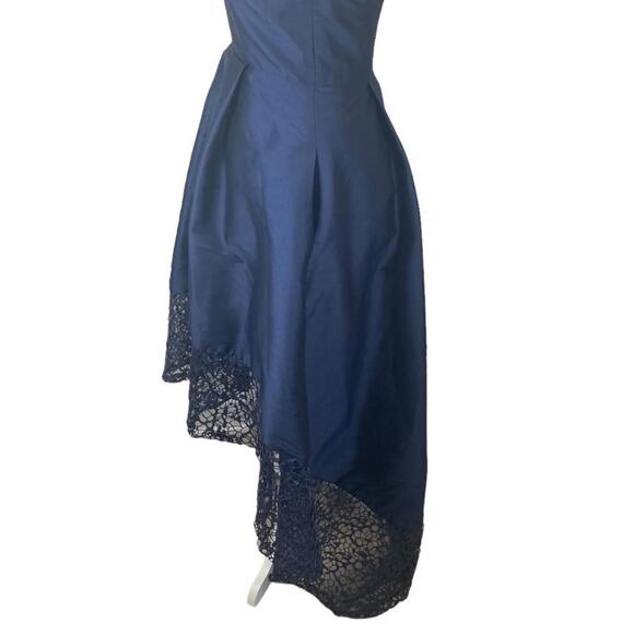 Monique Ihuiller high low gown dress navy blue elegant V neck lace detail US2 - Picture 14 of 15